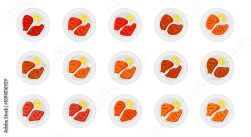 Tandoori chicken leg icons set with lemon slice on plate flat vector illustration