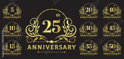 Ornate Anniversary Badges 5, 10, 15, 20, 25, 30, 35, 40, 45, 50  Gold Celebration Logo Collection