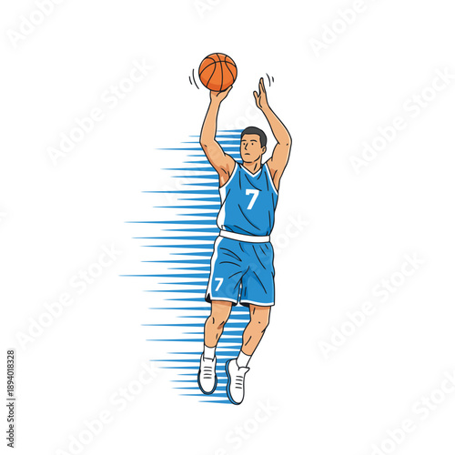 Basketball player jump shot, mid-air shooting motion, flat vector, isolated on white