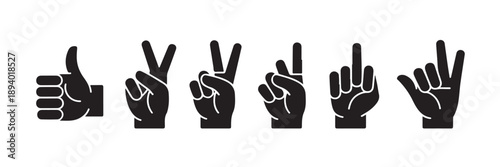 Set of six hand gestures including thumbs up victory sign pointer finger middle finger and rock on symbol representing various non verbal communications
