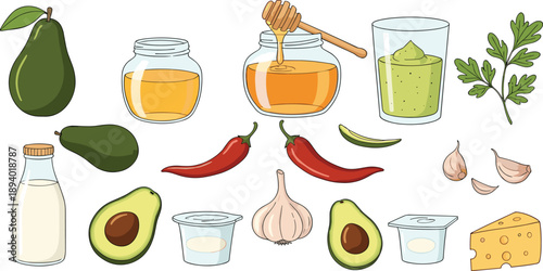Healthy food ingredients illustration set with avocado honey milk chili garlic herbs smoothie and dairy elements