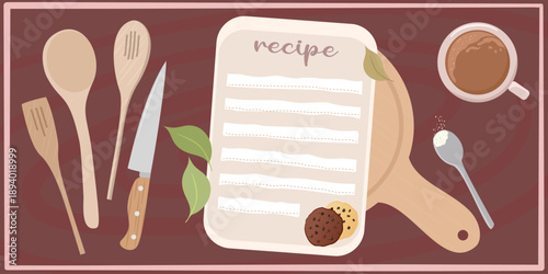 Warm kitchen illustration featuring a handwritten recipe card, cooking utensils, cutting board, and coffee cup.