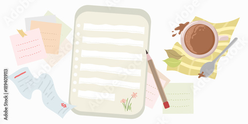 Illustration of a shopping note list with scattered paper reminders, pencil, and coffee cup on a bright desk layout.
