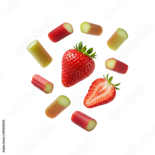 Fresh Strawberry and Rhubarb Pieces Arranged on White Background