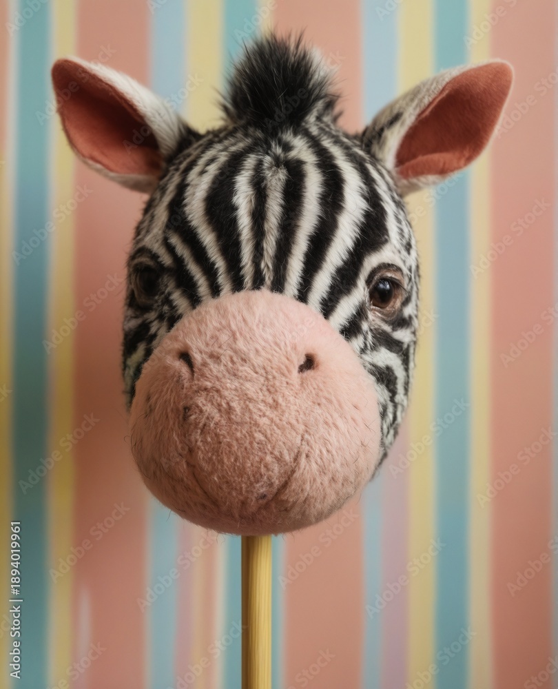 Fototapeta premium closeup of a handmade zebra head toy on a stick against a pastel striped wall.