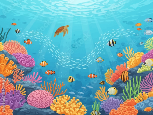 Colorful Coral Reef with Tropical Fish Swimming.