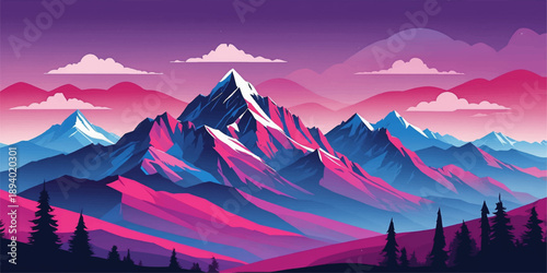 Stylized alpine mountain range background featuring bold neon tones and smooth digital shading.