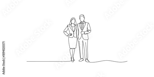Single continuous line art drawing of a man and woman standing together in business suits