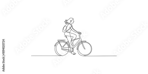 Continuous line art drawing of a person riding a bicycle with a backpack