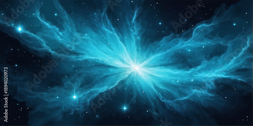 Abstract blue cosmos background featuring a glowing galaxy with bright stars and nebula energy across the dark night universe