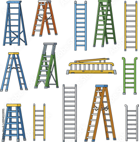 Colorful vector collection of various step ladders extension ladders and folding ladders for construction and home use।