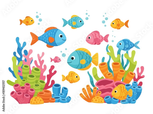 Colorful Cartoon Fish Swimming in Ocean.