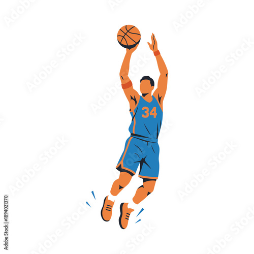 Basketball player layup shot, close-range scoring action, flat vector, isolated on white