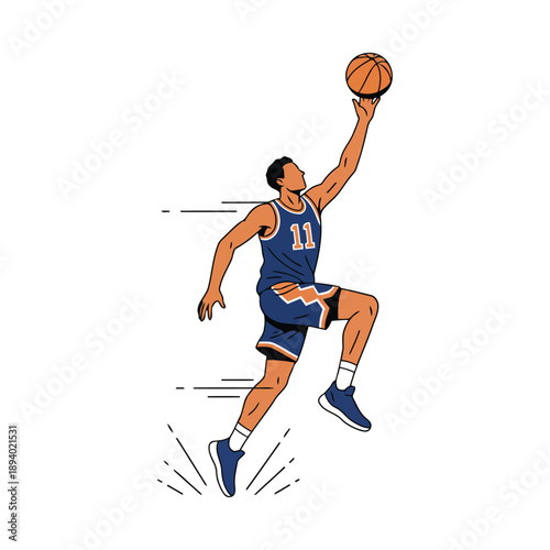 Basketball player layup shot, close-range scoring action, flat vector, isolated on white