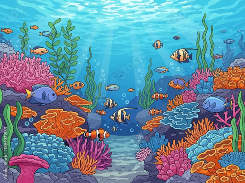 Underwater Scene with Coral and Fish.