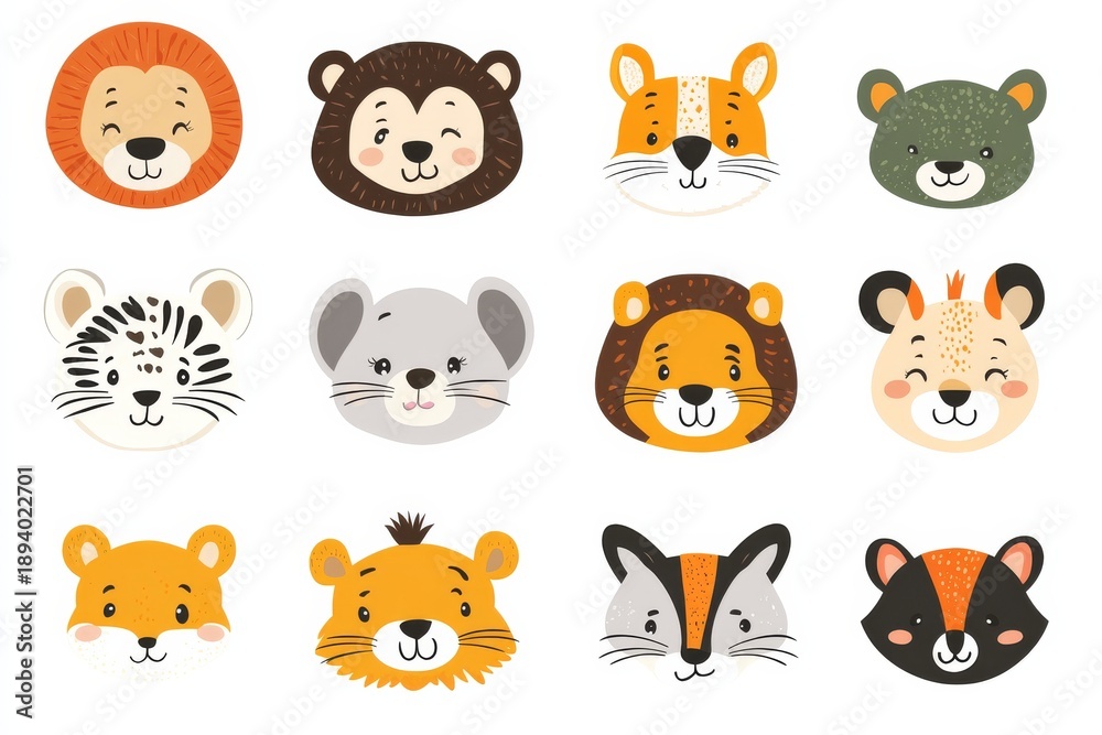 Fototapeta premium Cute cartoon animal faces collection featuring lion, tiger, bear, fox, and more from wildlife settings