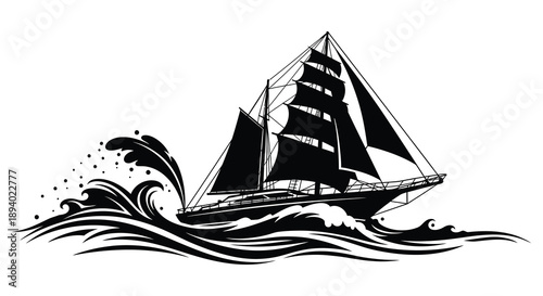 A dramatic black and white illustration depicts a tall sailing ship navigating choppy waves presented as a striking silhouette