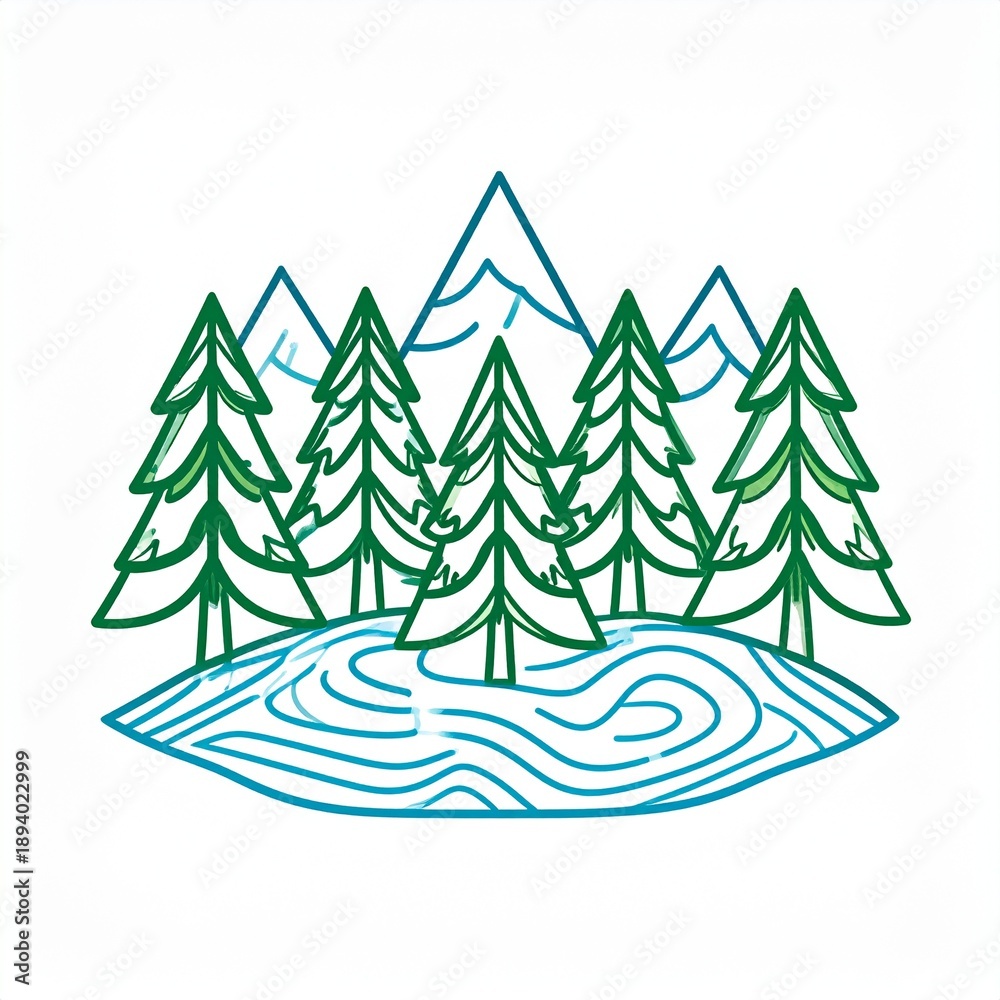 Obraz premium Line art forest trees on wavy water reflection minimalist nature illustration green blue