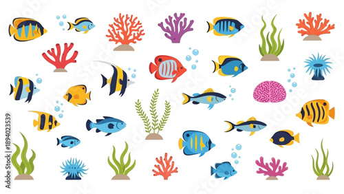 Colorful Cartoon Fish and Coral Collection.