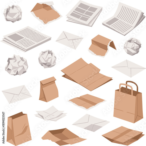 Isometric vector illustrations of crumpled paper waste envelopes brown paper bags and newspapers for recycling concept।