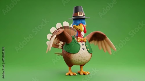 Displaying a playful turkey character in a vibrant green studio