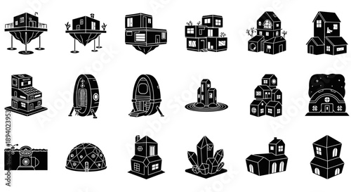 This exclusive collection of twelve black vector icons showcases creative futuristic home designs inspired by advanced technology and modern residential architecture. Featuring symbolic representation