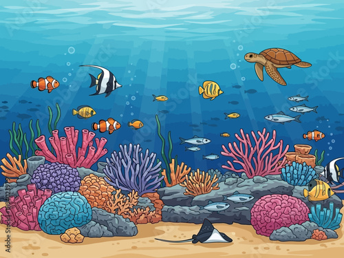 Colorful Ocean Scene with Marine Life.