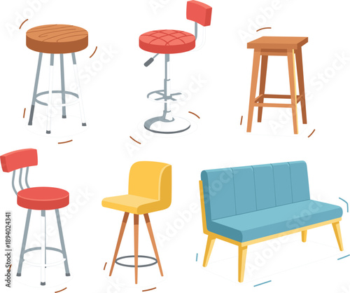 Colorful vector collection of modern bar stools wooden chairs and upholstered sofa for interior design।
