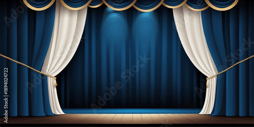 Blue stage curtains in a classic theater with a spotlight shining on velvet drapes for an entertainment performance backdrop