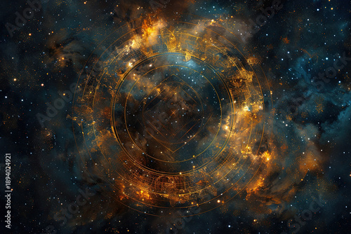 Abstract composition with zodiac circle in signs and symbols