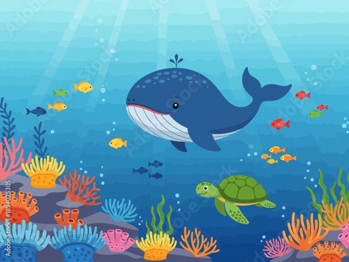 Blue Whale Swimming in Ocean with Fish.