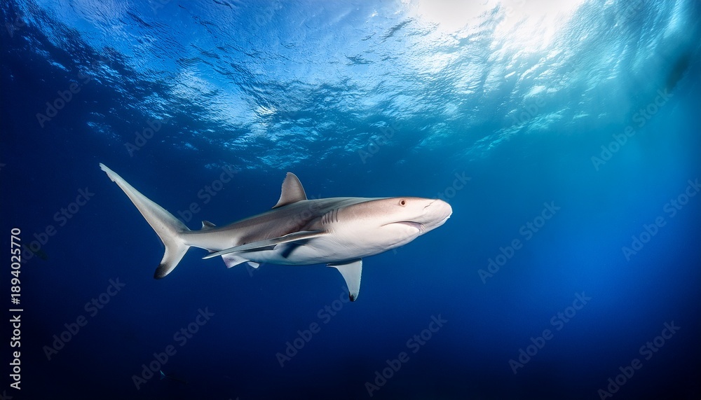 Fototapeta premium A Solitary Hammerhead Shark Swimming Gracefully Through The Deep Dark Blue Ocean