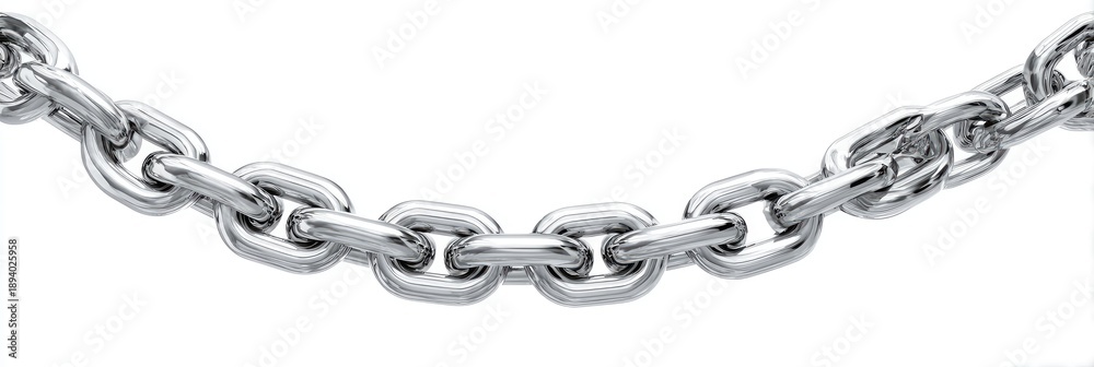 Fototapeta premium A silver metallic chain links together, curved across the top, isolated on a white background