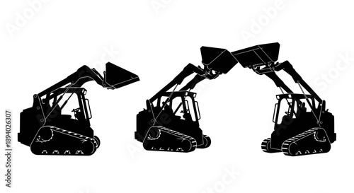 Three excavators with varying arm positions on white background, viewed from front