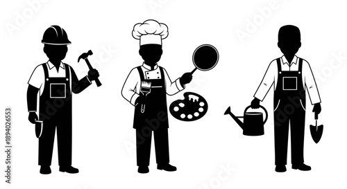 Silhouetted workers in various professions standing together, showcasing different occupations and tools, vector illustration style