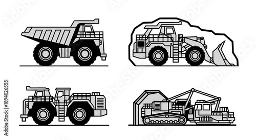 Industrial heavy machinery vehicles set illustration on white background from various viewpoints
