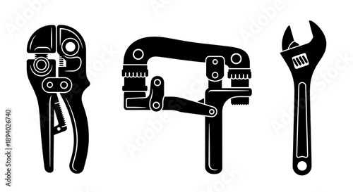Illustration of various mechanical tools including pliers, clamp, and spanner on a plain background
