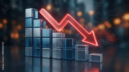 Glass cubes stacked to illustrate stock decline with a glowing red arrow symbolizing recession and loss.