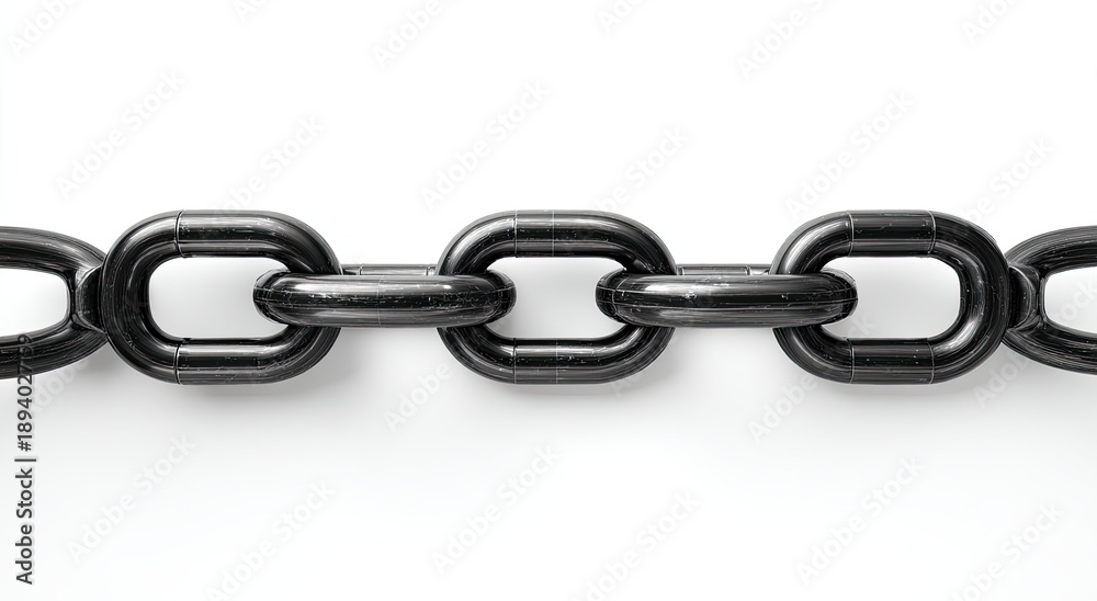 Fototapeta premium Close-up of a black chain, links interlocked, against a plain white background