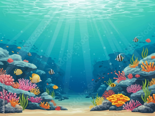 Vibrant Coral Reef with Fish and Sea Life.