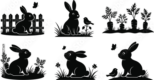 Easter sunday silhouette rabbits and birds on white background for greeting cards and decorations