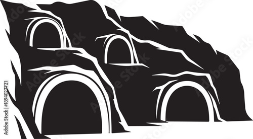 Black and White Illustration of Cave Entrances in Mountainside