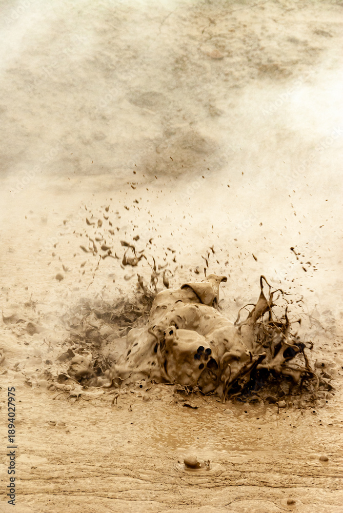 Obraz premium Steaming Geothermal Landscape, in Iceland, with Hot Mud and Volcanic Soil