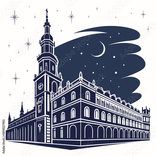 Night sky over historic building