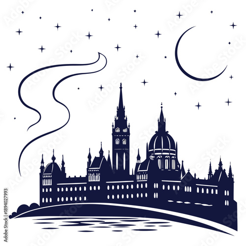 Magical castle under the moonlit sky