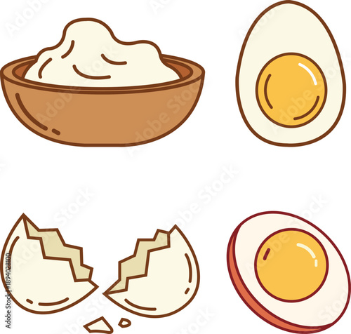 Assorted Eggs And Egg Dishes: Boiled Egg, Eggshells, Halves, And Mashed Eggs In Cartoon Style