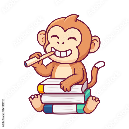 A monkey sitting on a pile of books, happily using a Miswak stick to clean its teeth before prayer.