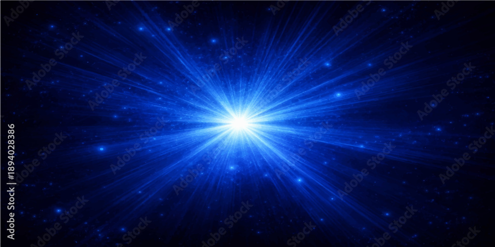 Fototapeta premium Glowing abstract blue background featuring a bright star burst and glowing light rays within a dark cosmic galaxy space design for a festive Christmas night illustration
