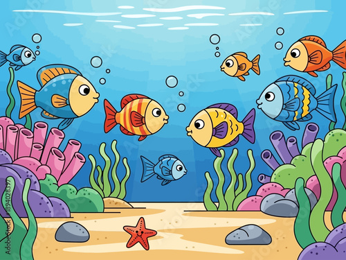 Colorful Cartoon Fish Swimming Underwater Scene.