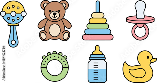 Colorful vector illustration of baby essentials including teddy bear rattle pacifier and toys for newborn care।